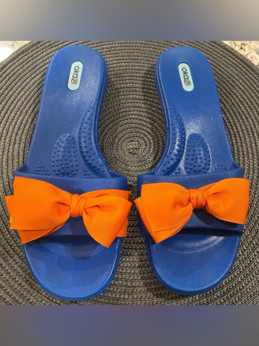 OKA b. Blue with Orange Bow Madison Slide Sandals